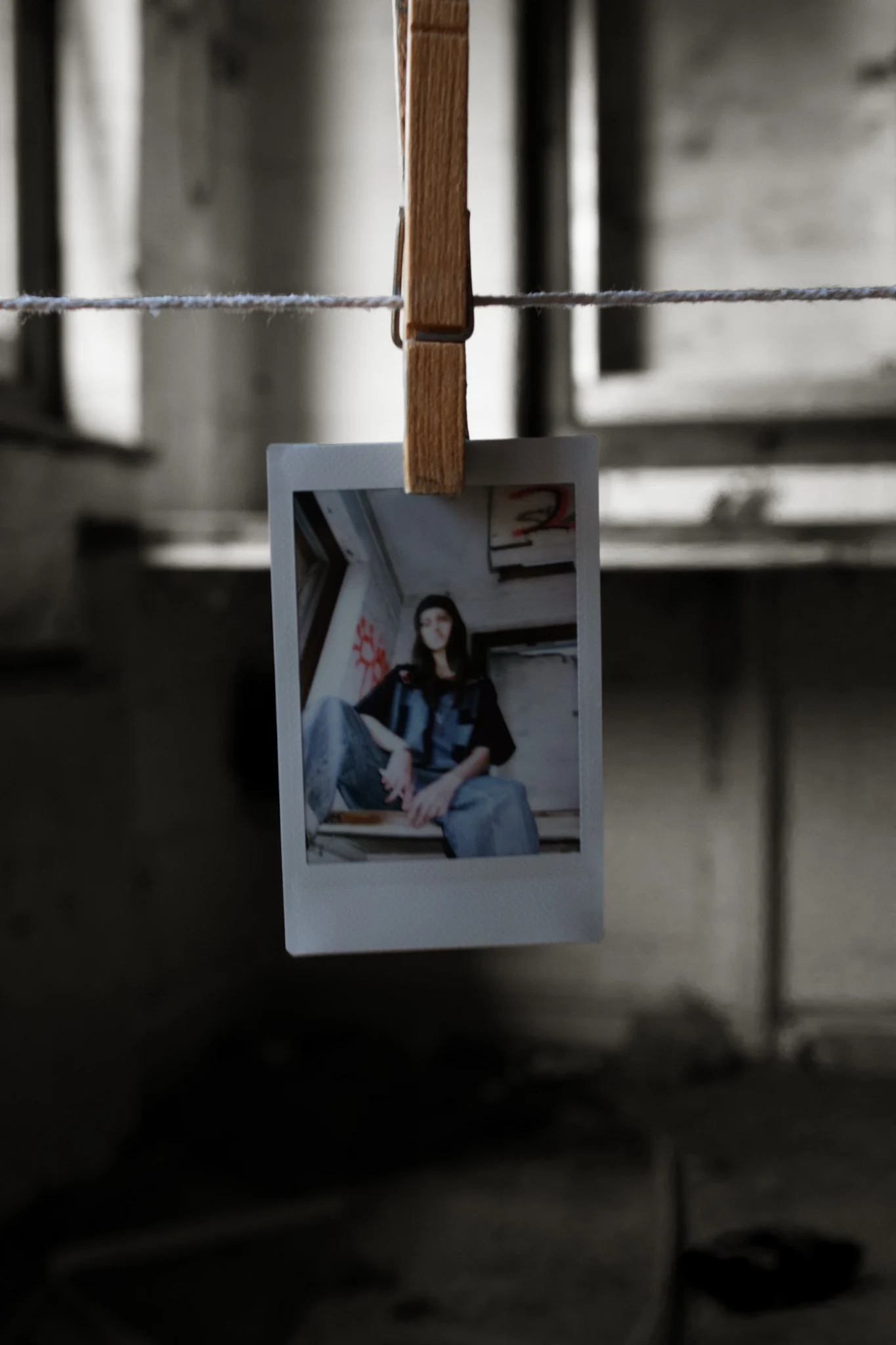 Physical Polaroid print hanging in front of an interior background
