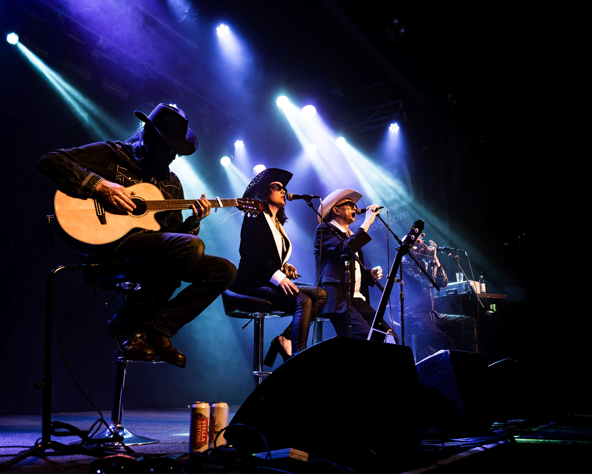 Alabama 3 performing under blue and violet lights at The 1865