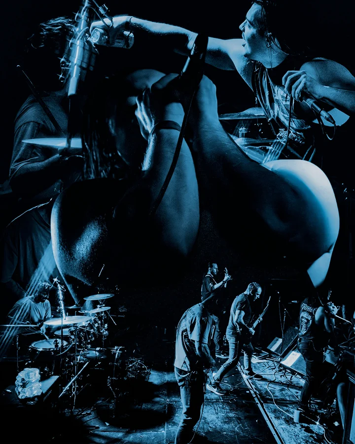 Blue-toned photo collage of Shoot To Kill performing at Face Bar, Reading on 4 April 2026