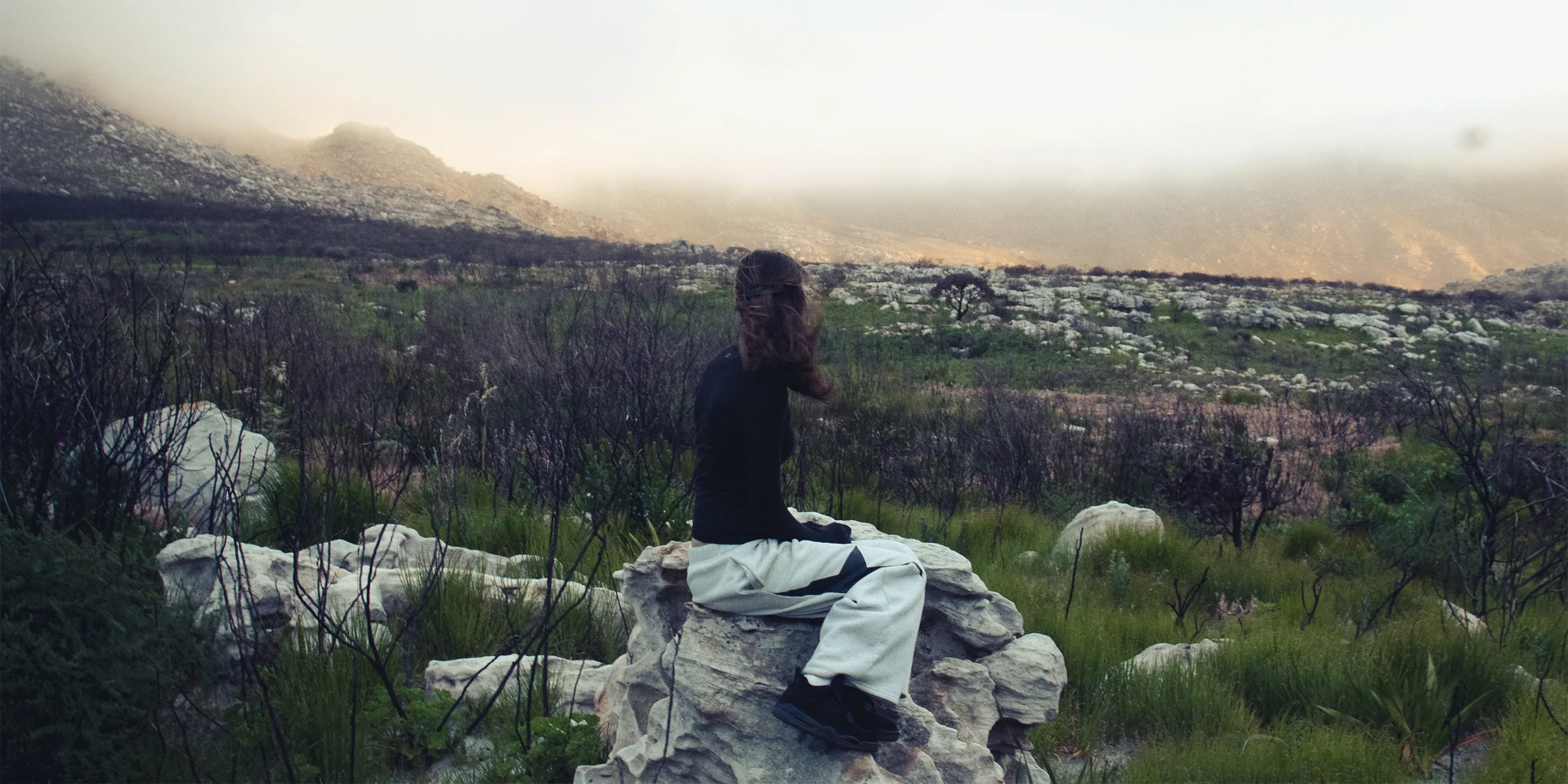 Figure seated on rocks in a wide misty landscape
