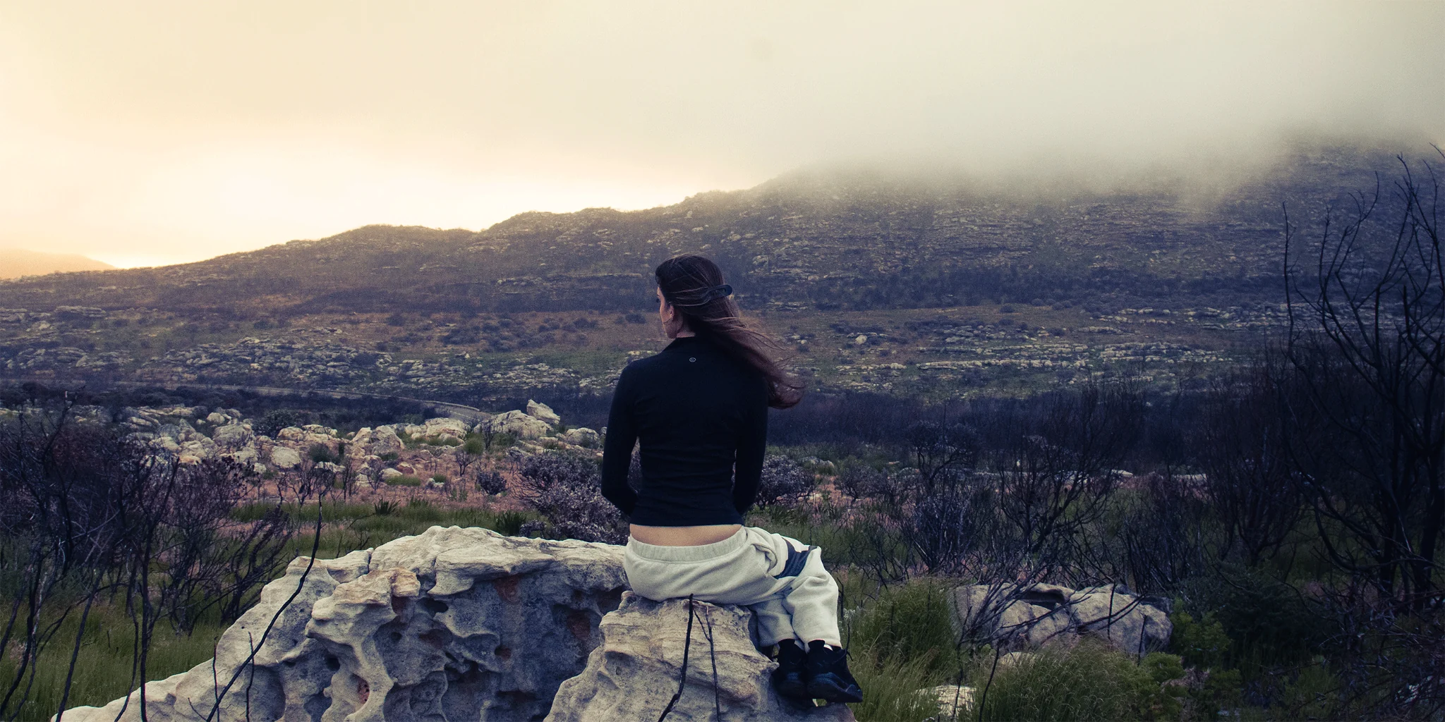 Figure looking towards a fog-covered mountain landscape